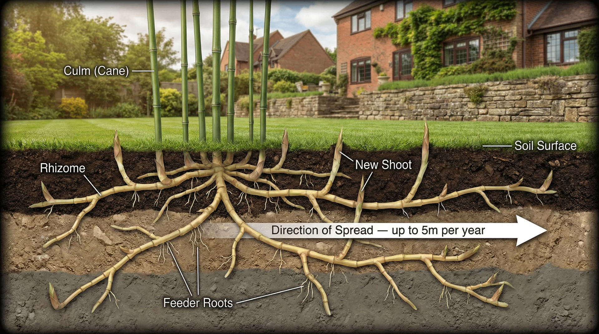 Cross-section diagram showing bamboo rhizome spread underground, including culms, rhizomes, new shoots, feeder roots, soil surface, and typical direction of rhizome spread